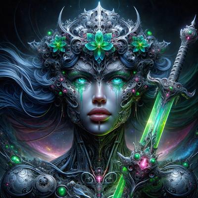 The primary subject of the image is a woman with a sword. She is wearing a unique and intricate costume, which includes a headpiece with a flower design. The setting is a futuristic environment, with a backdrop of a purple and green sky. The visual style is digital art, as the woman is depicted in a digital format. The colors and mood of the image are vibrant and energetic, with the woman's costume and the futuristic setting creating a sense of excitement and adventure.